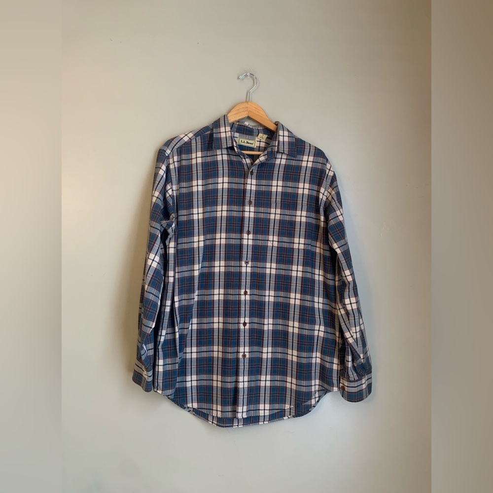 Vtg LL Bean Shirt Men Large Tall Brown Green Plaid 90s Cotton Blend Button Up